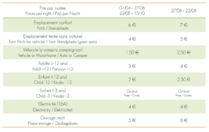 tarif camping 2020
